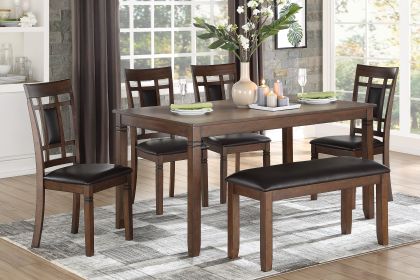 Classic Cherry Finish 6pc Dinng Set Table Bench 4x Chairs Faux Leather Upholstery Kitchen Dining Furniture