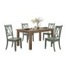 5pc Dining Set Natural Finish Table and 4x Side Chairs Teal Finish Wooden Kitchen Dining Room Furniture