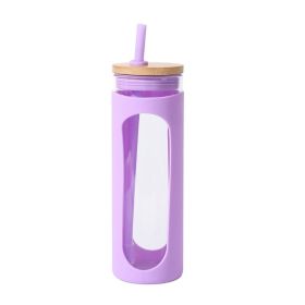 Glass Water Tumble Straw Silicone Bamboo Lids Iced Coffee Cup Bottle Reusable (Capacity: 590ML, Color: Purple)